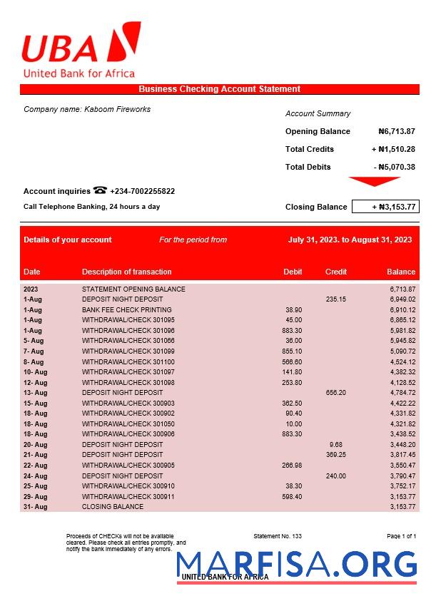 Professionell United Bank for Africa organization Konto Kontoauszug Word and PDF Vorlage