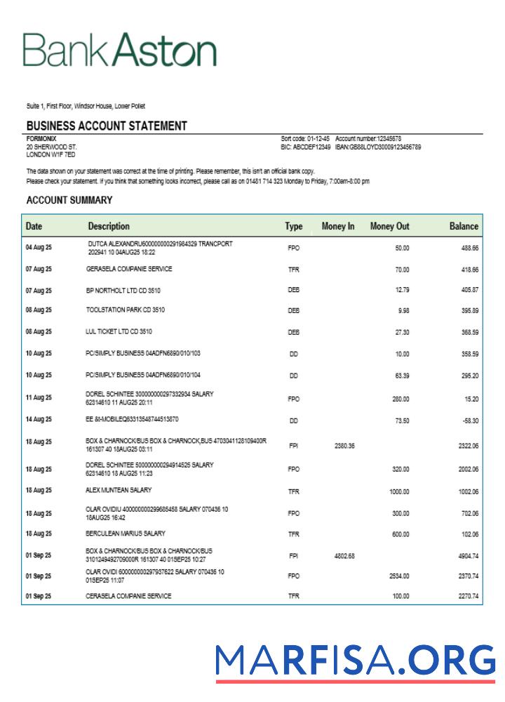 Premium Vereinigtes Königreich Bank of Aston Geschäft checking Konto Kontoauszug Word and PDF Vorlage