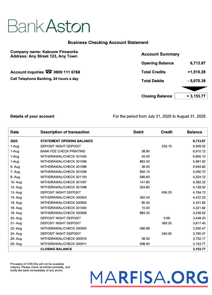 Bearbeitbar Vereinigtes Königreich Bank of Aston corporate Konto Kontoauszug Word and PDF Vorlage