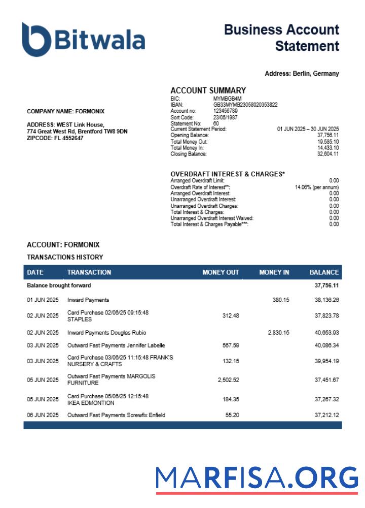 Premium Vereinigtes Königreich Bitwala firm Konto Kontoauszug Word and PDF Vorlage