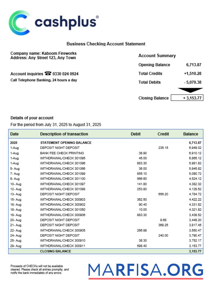 Realistisch Vereinigtes Königreich Cashplus corporate Konto Kontoauszug Word and PDF Vorlage