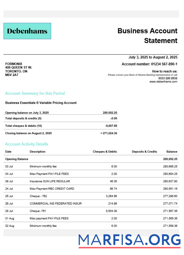 Professionell Vereinigtes Königreich Debenhams Geschäft checking Konto Kontoauszug Word and PDF Vorlage