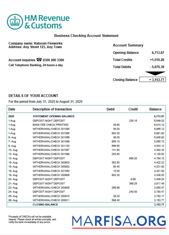 Bearbeitbar Vereinigtes Königreich HM Einnahmen & Customs enterprise Kontoauszug Word and PDF Vorlage