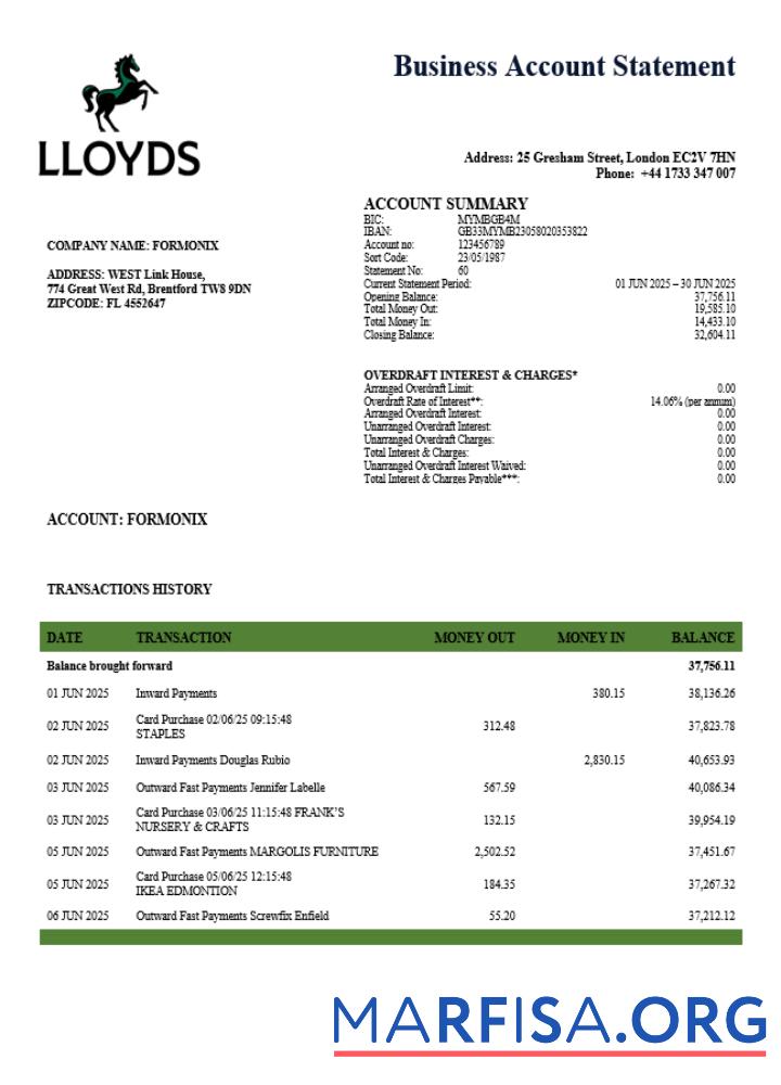 Hohe Qualität Vereinigtes Königreich Lloyds organization Kontoauszug Word and PDF Vorlage