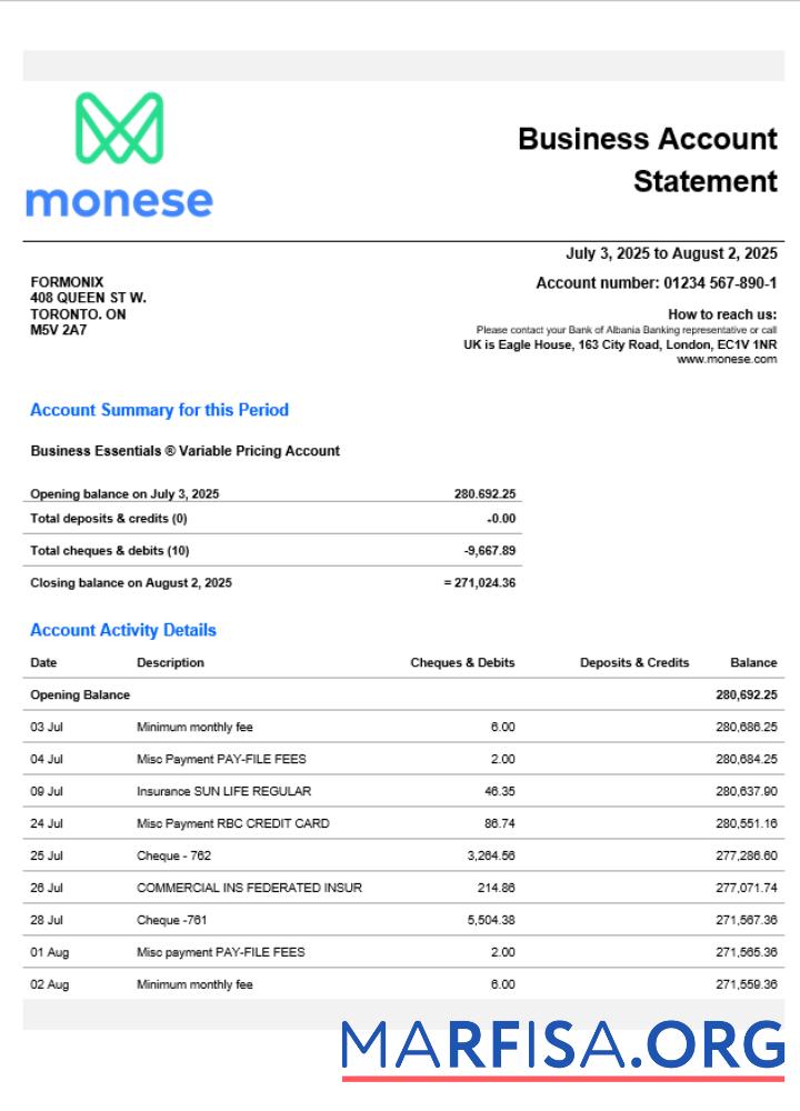 Professionell Vereinigtes Königreich Monese firm Konto Kontoauszug Word and PDF Vorlage
