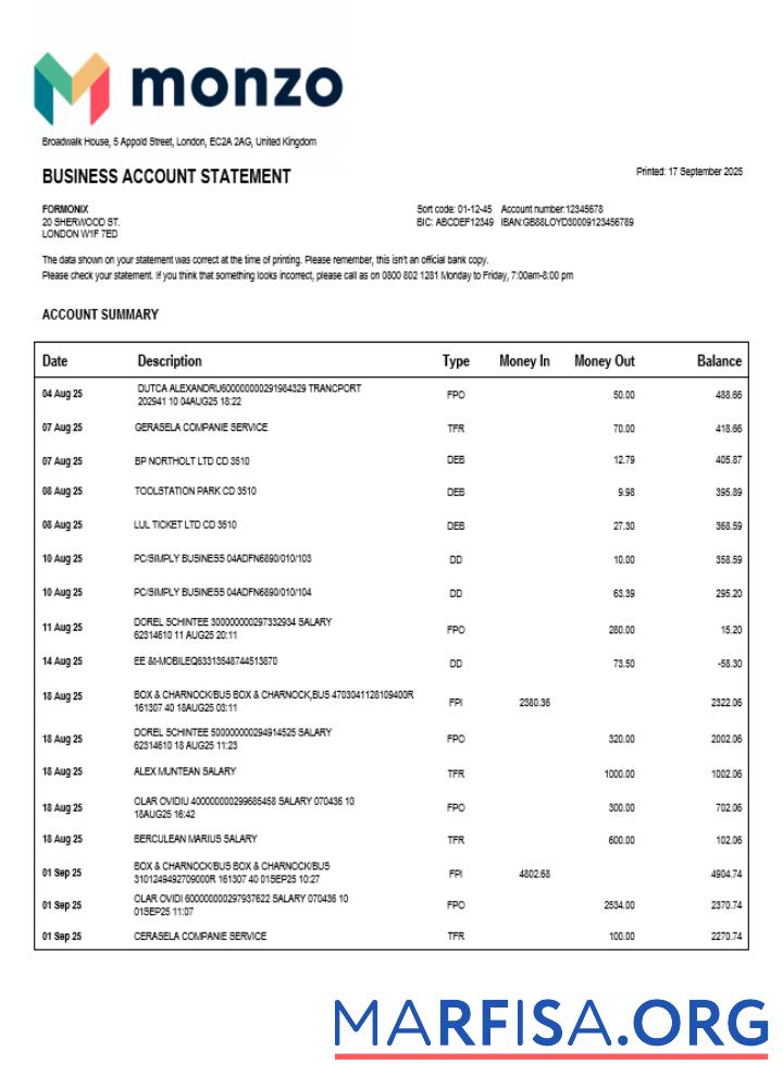 Hohe Qualität Vereinigtes Königreich Monzo enterprise Kontoauszug Word and PDF Vorlage