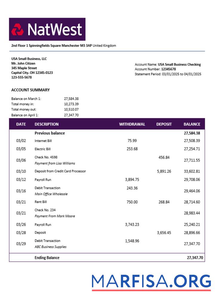 Premium Vereinigtes Königreich NatWest firm Konto Kontoauszug Word and PDF Vorlage