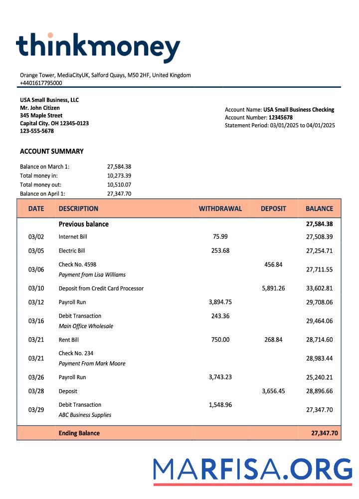 Realistisch Vereinigtes Königreich Think Money firm checking Konto Kontoauszug Word and PDF Vorlage