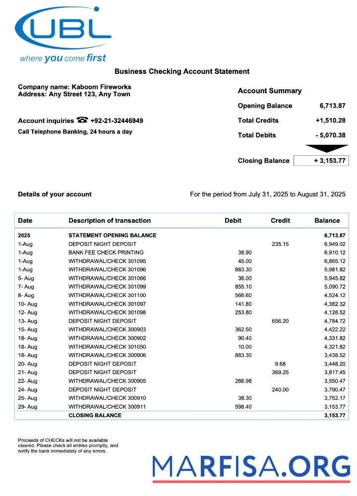 Realistisch Vereinigtes Königreich United Bank Ltd (UBL) Unternehmen checking Konto Kontoauszug Word and PDF Vorlage