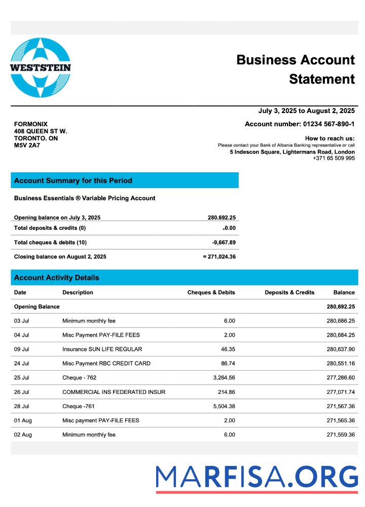 Premium Vereinigtes Königreich WestStein organization checking Konto Kontoauszug Word and PDF Vorlage