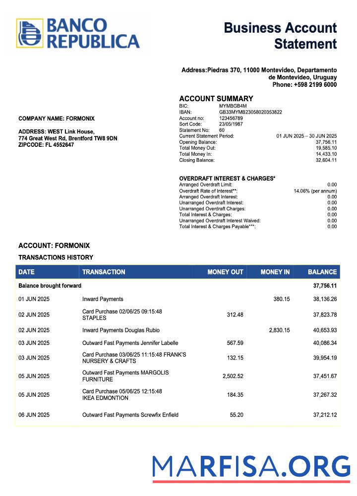 Realistisch Uruguay Banco De La Republica Oriental Del Uruguayan corporate checking Konto Kontoauszug Word and PDF Vorlage
