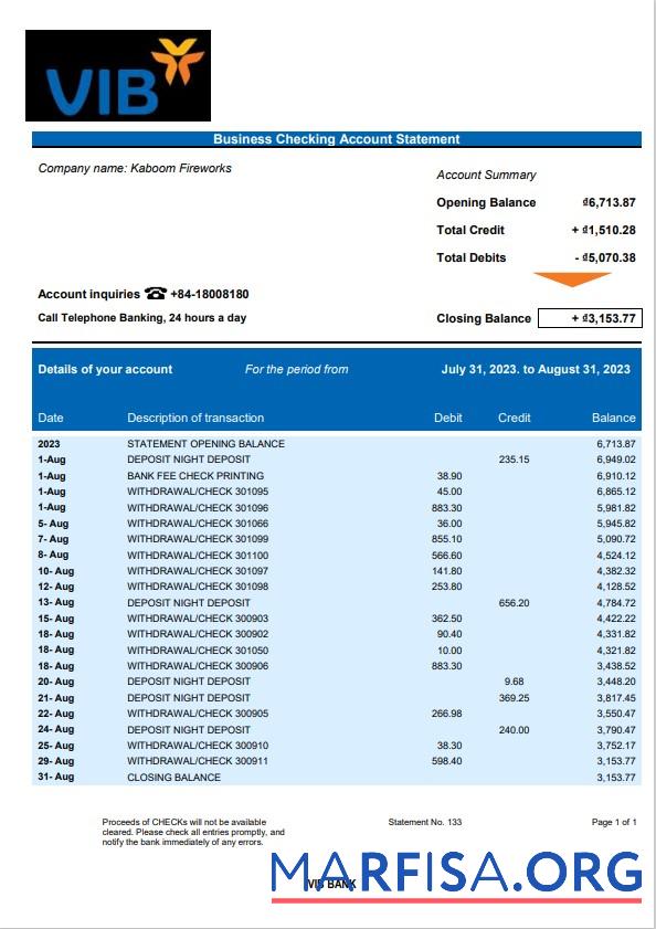 Bearbeitbar VIB Bank Geschäft checking Konto Kontoauszug Word and PDF Vorlage