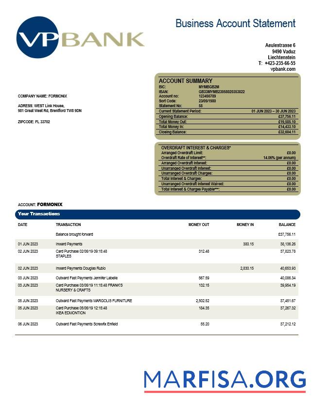 Professionell VP Bank firm Konto Kontoauszug Word and PDF Vorlage
