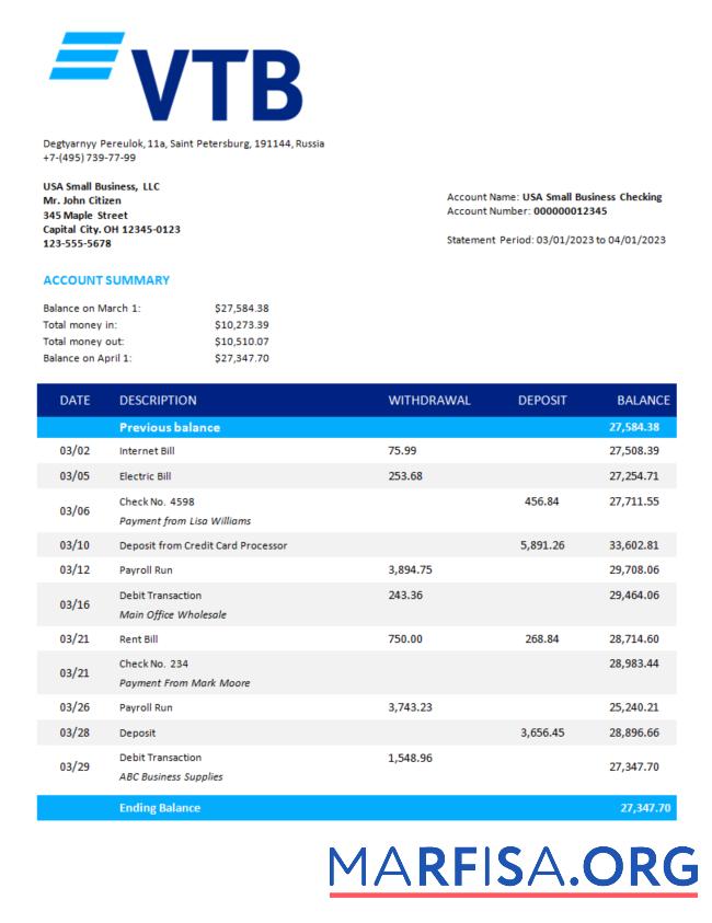 Premium VTB Bank firm Konto Kontoauszug Word and PDF Vorlage