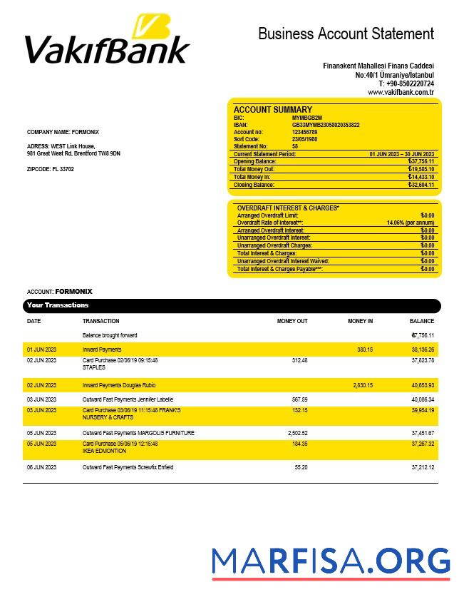 Bearbeitbar Vakifbank Unternehmen Konto Kontoauszug Word and PDF Vorlage