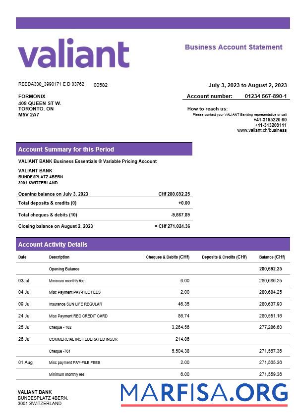 Realistisch Valiant Bank enterprise Konto Kontoauszug Word and PDF Vorlage