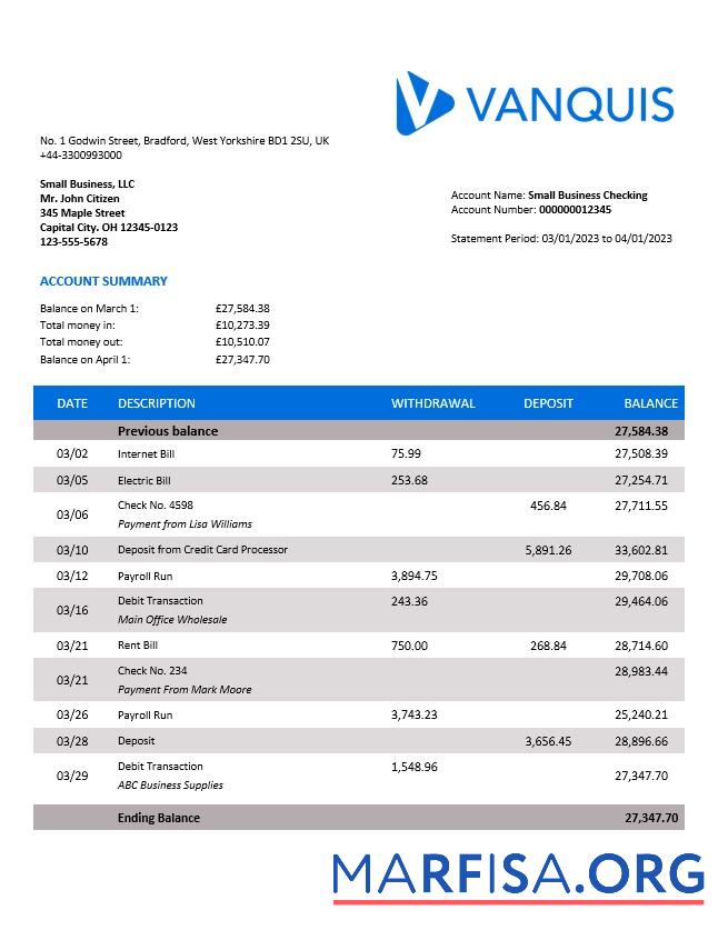 Bearbeitbar Vanquis Bank organization Konto Kontoauszug Word and PDF Vorlage