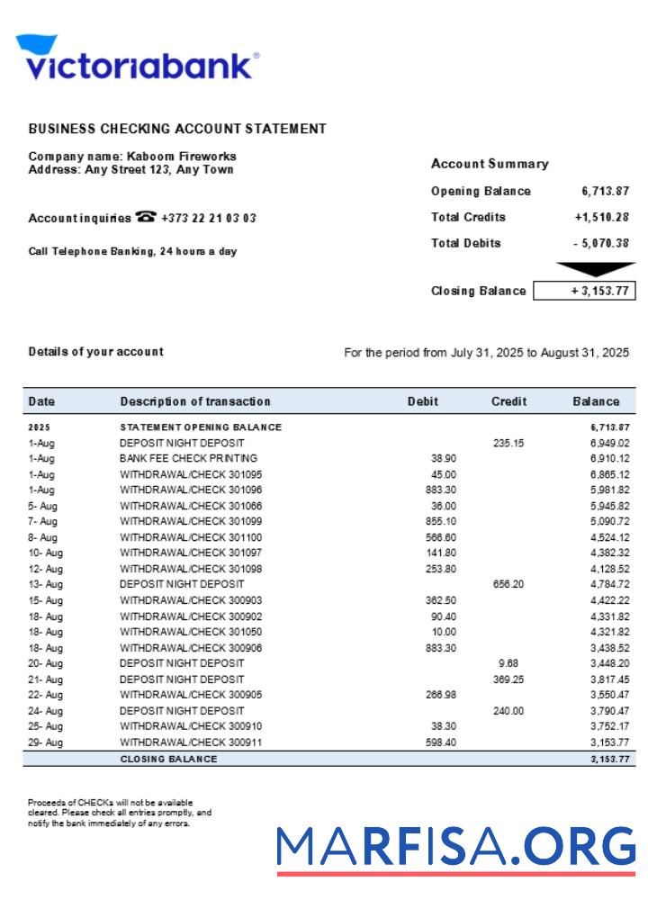 Bearbeitbar Victoriabank firm Konto Kontoauszug Word and PDF Vorlage (1)