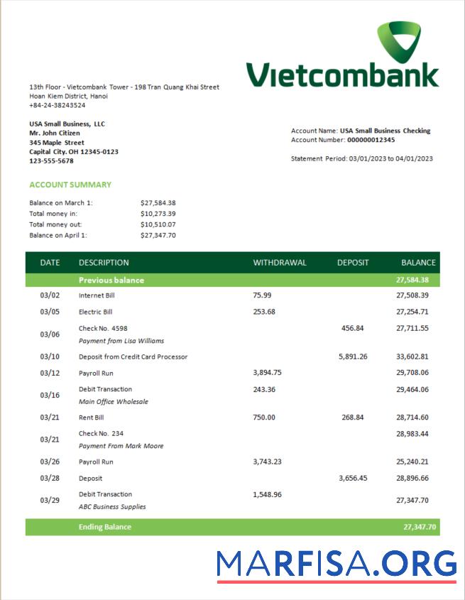 Realistisch Vietcombank Geschäft Kontoauszug Word and PDF Vorlage