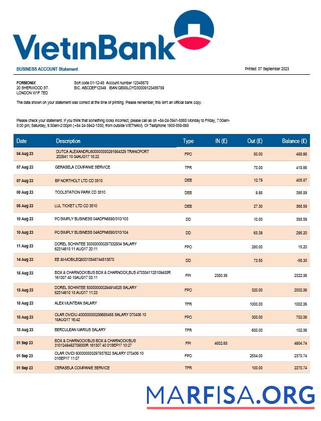Bearbeitbar Vietin Bank firm Konto Kontoauszug Word and PDF Vorlage