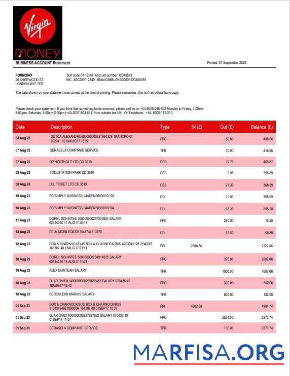 Premium Virgin Money Bank firm Konto Kontoauszug Word and PDF Vorlage