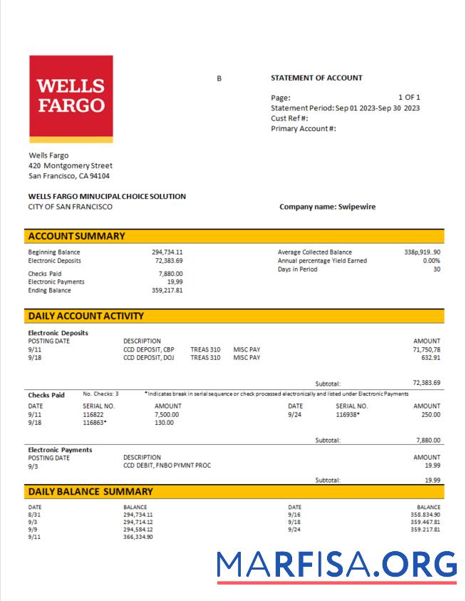 Realistisch Wells Fargo Geschäft Konto Kontoauszug Word and PDF Vorlage