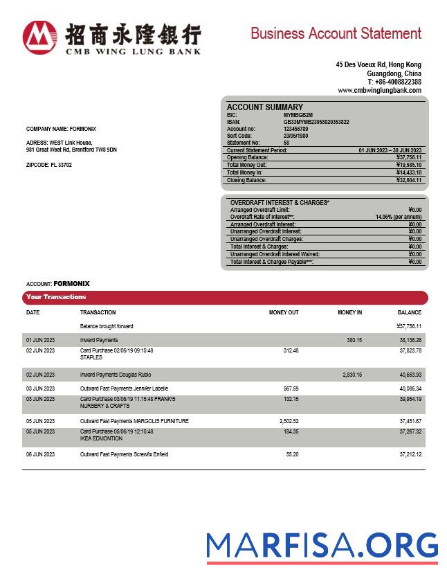 Hohe Qualität Wing Lung Bank Unternehmen Konto Kontoauszug Word and PDF Vorlage