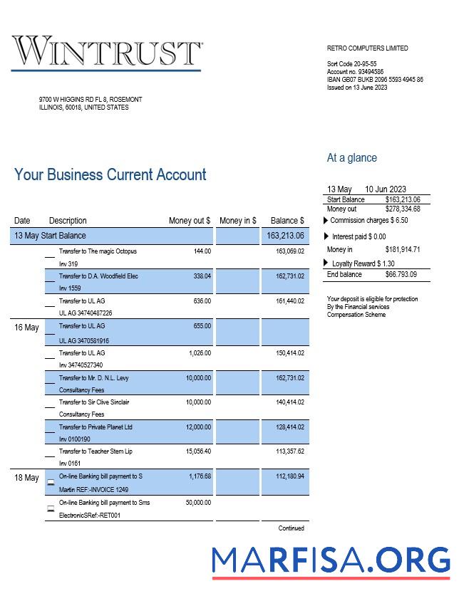 Premium Wintrust Financial Bank enterprise Konto Kontoauszug Word and PDF Vorlage