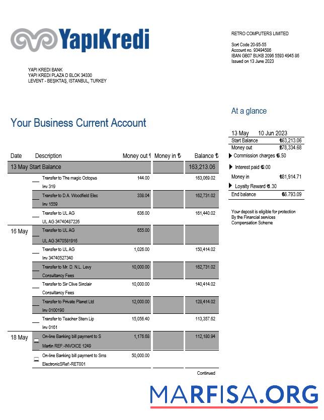 Bearbeitbar Yapi Kredi Bank organization Konto Kontoauszug Word and PDF Vorlage