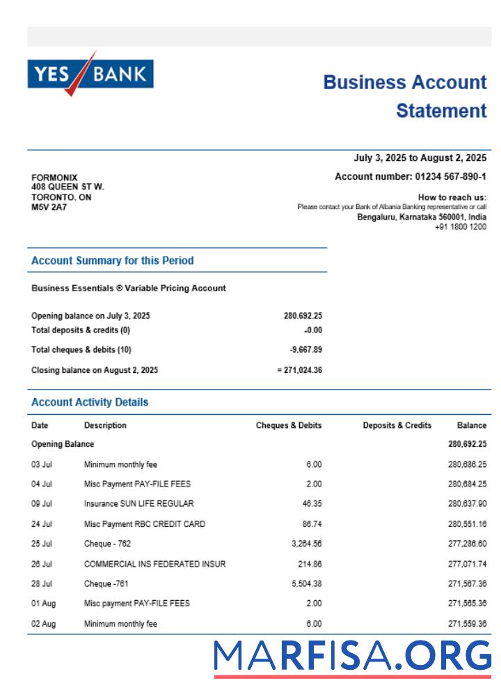 Hohe Qualität Yes Bank Unternehmen checking Konto Kontoauszug Word and PDF Vorlage