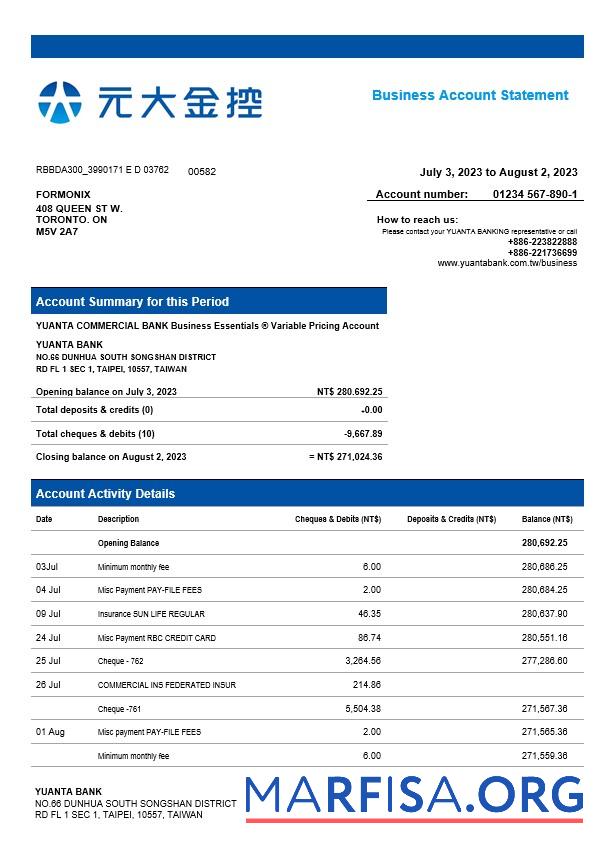 Premium Yuanta Securities Bank organization Konto Kontoauszug Word and PDF Vorlage