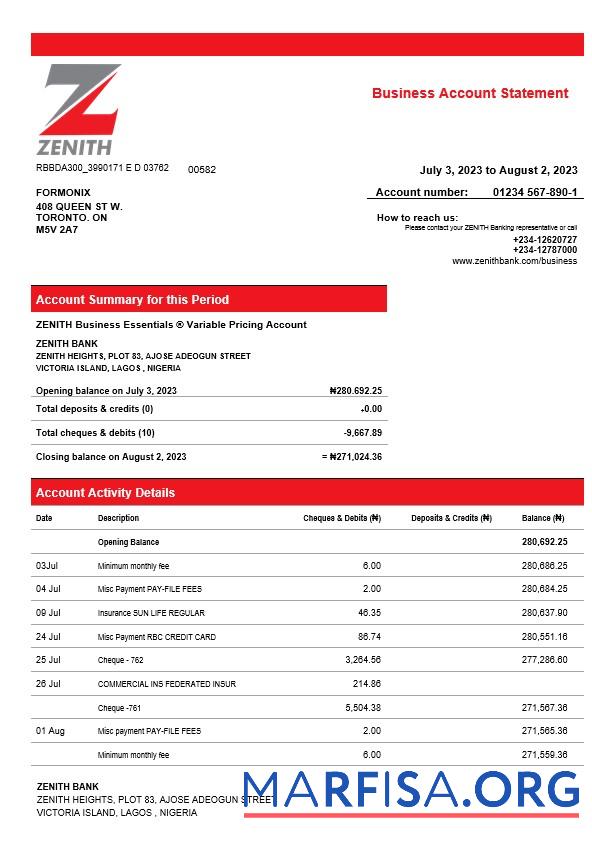 Premium Zenith Bank Geschäft checking Konto Kontoauszug Word and PDF Vorlage