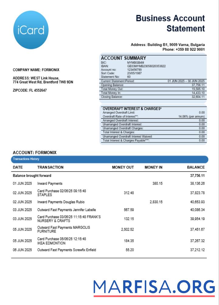 iCard Geschäft Bank Kontoauszug Word and PDF Format Vorschau