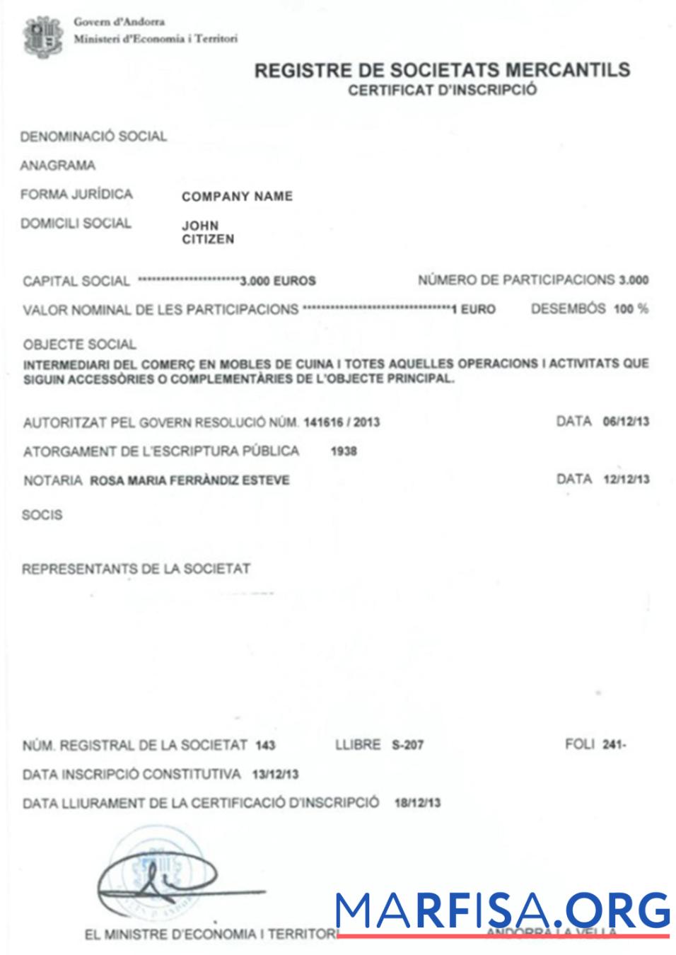 Andorra Geschäft Registrierung Zertifikat Mockup