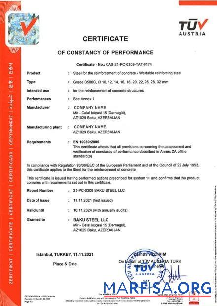 Österreich Zertifikat of Constancy of Performance Vorlage