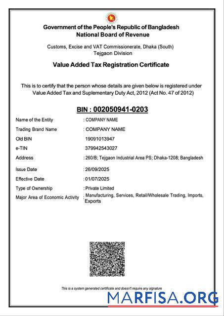 Realistisch Bangladesch VAT Registrierung Zertifikat Word and PDF Vorlage, Version 2