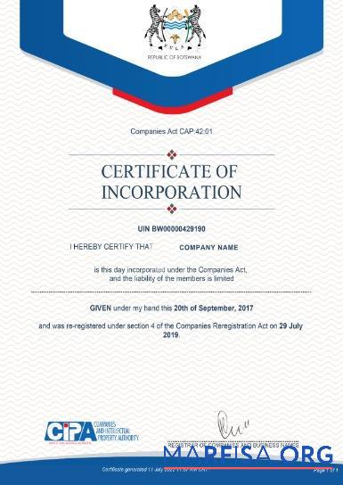 Botswana Zertifikat of Incorporation Probe