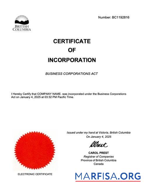 Hohe Qualität British Columbia Zertifikat of incorporation Word and PDF Vorlage, Version 2