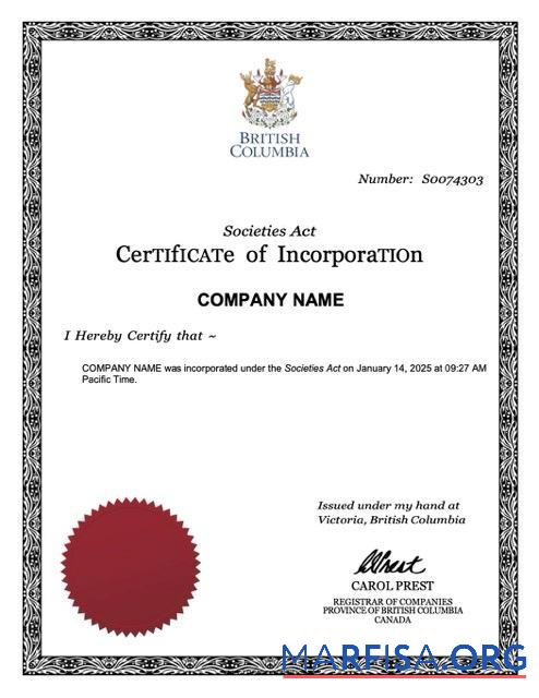 Premium British Columbia Zertifikat of incorporation Word and PDF Vorlage