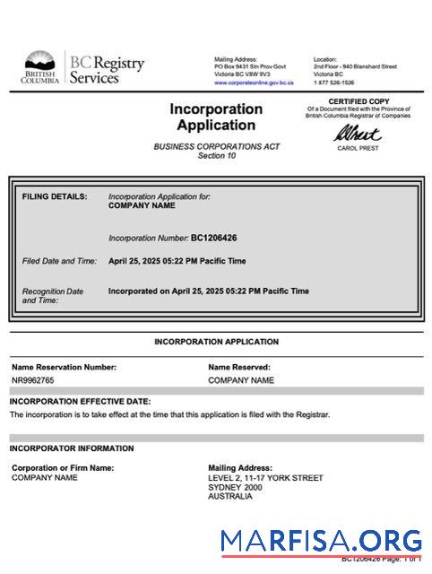 Professionell British Columbia incorporation Antrag Word and PDF Vorlage