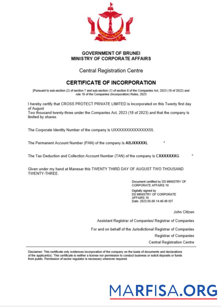 Hohe Qualität Brunei Zertifikat of Registrierung Word and PDF Vorlage