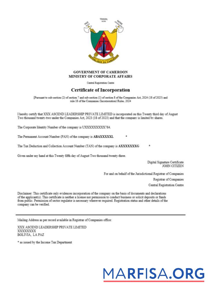 Bearbeitbar Kamerun Zertifikat of Registrierung Word and PDF Vorlage