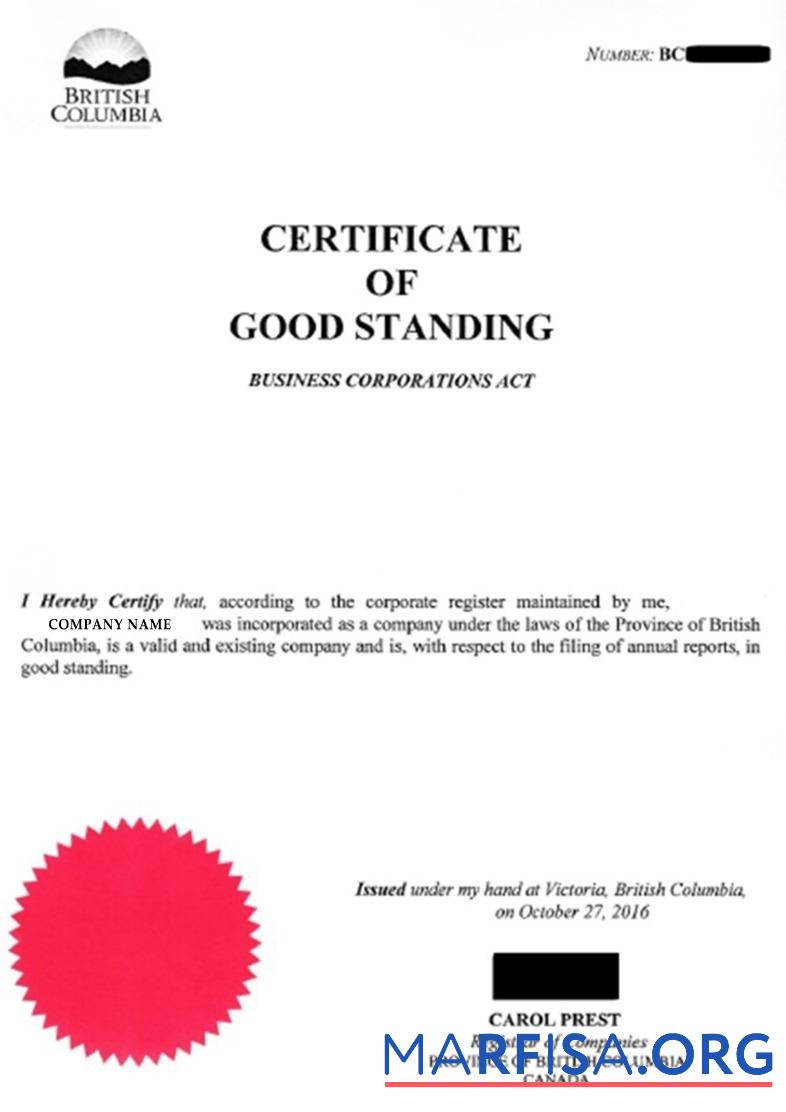 Kanada British Columbia Zertifikat of good standing Vorlage