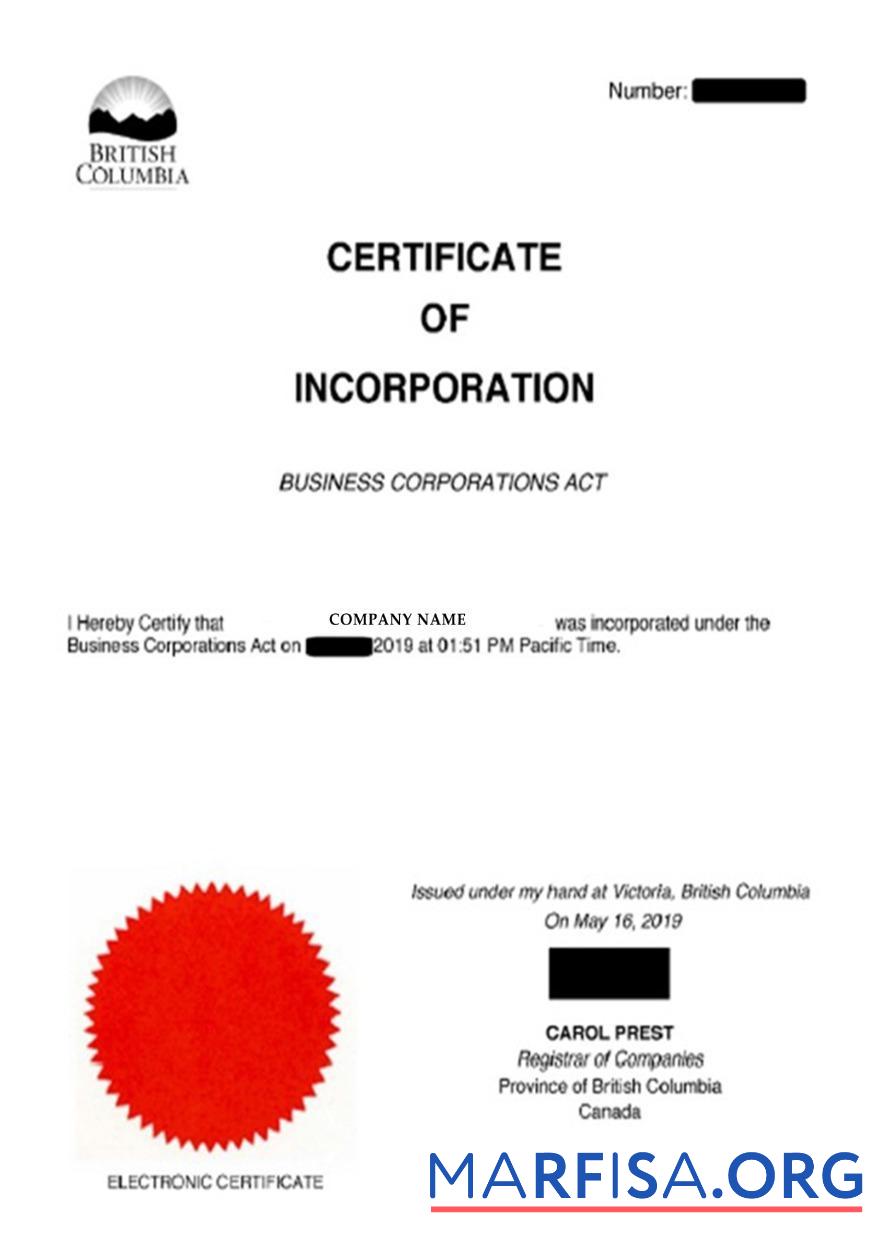 Kanada British Columbia Zertifikat of incorporation Design
