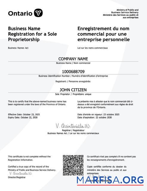 Premium Kanada Ontario Zertifikat of Geschäft name Registrierung Word and PDF Vorlage