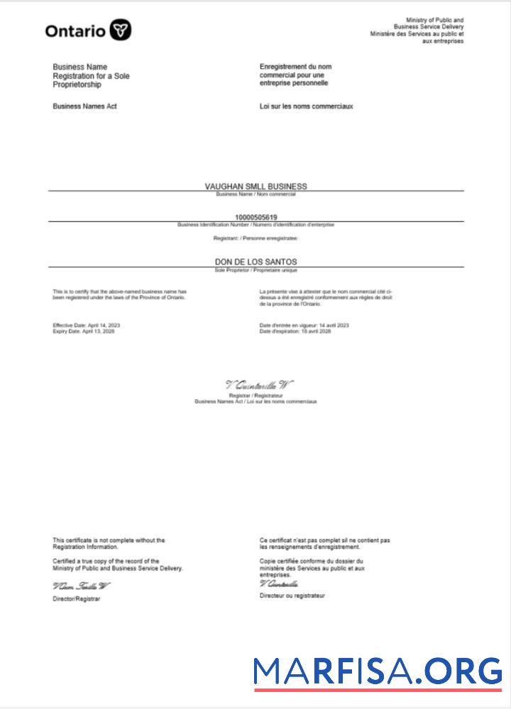 Bearbeitbar Kanada Ontario Zertifikat of Geschäft Registrierung Word and PDF Vorlage