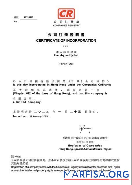 Professionell China Zertifikat of incorporation Word and PDF Vorlage