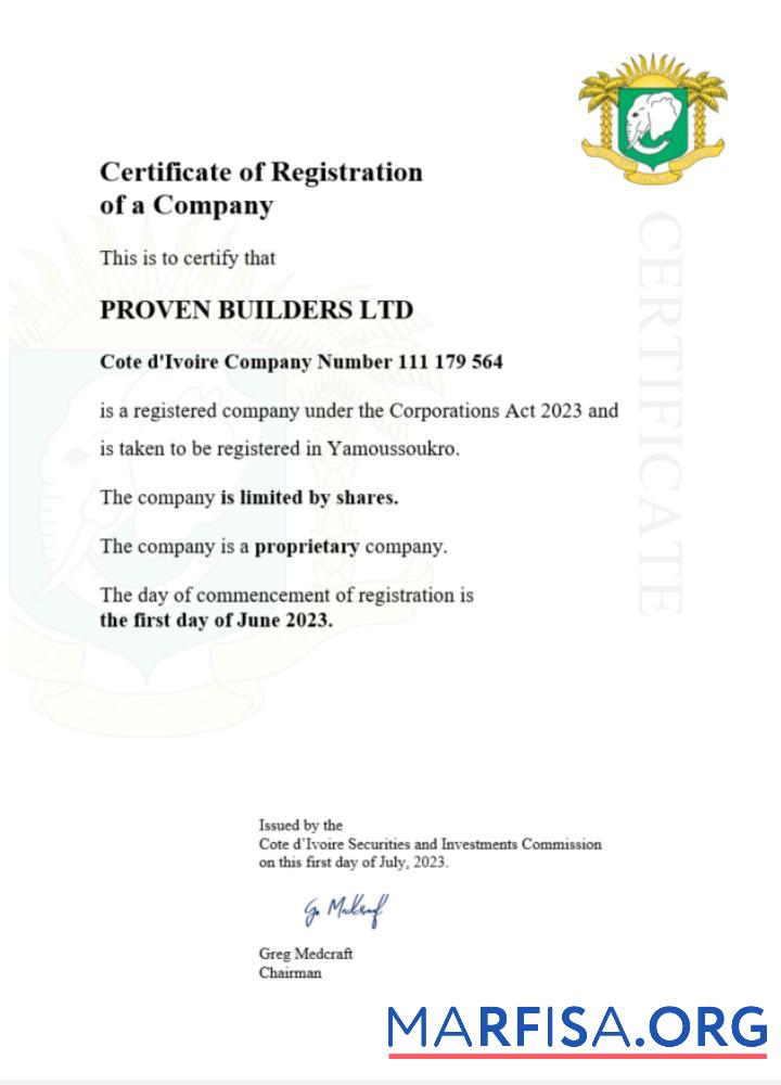 Hohe Qualität Cote d'Ivoire Zertifikat of Registrierung Word and PDF Vorlage