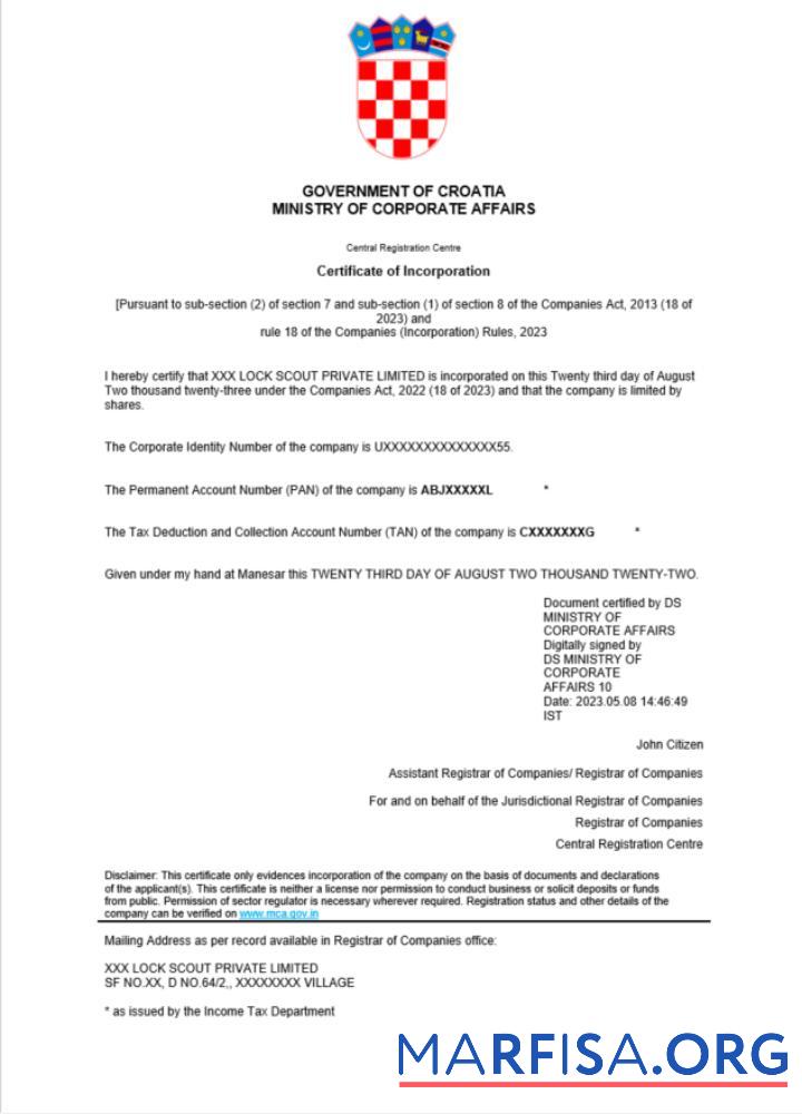 Bearbeitbar Kroatien Zertifikat of Registrierung Word and PDF Vorlage