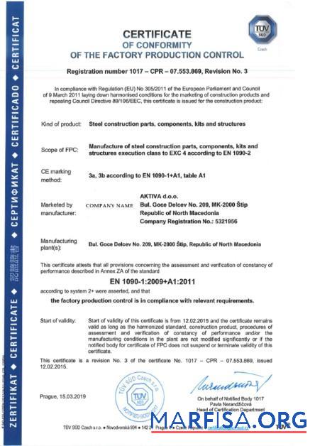 Tschechien Zertifikat of Conformity of The Factory Production Control Design